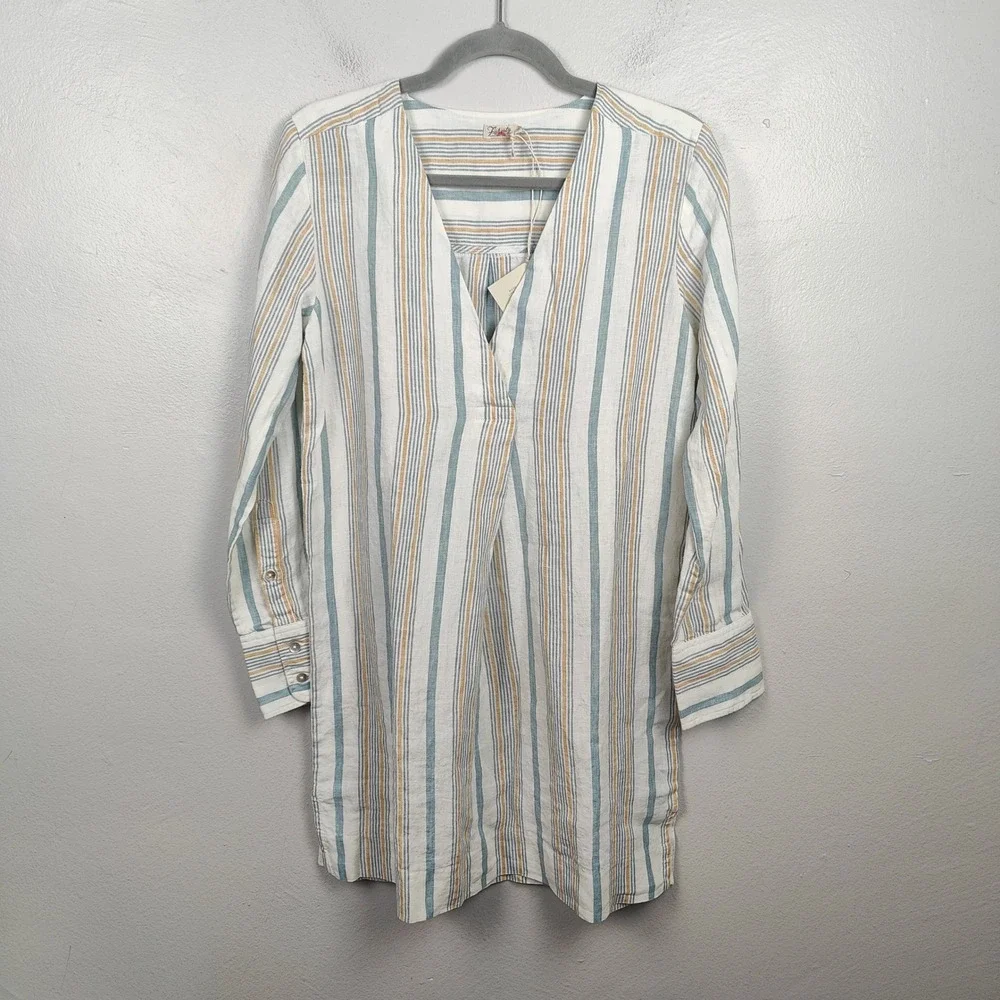 Faherty Beach Days Tunic‎ Top Womens XS Luc Luciano Stripe Linen V-Neck Dress - Picture 2 of 8